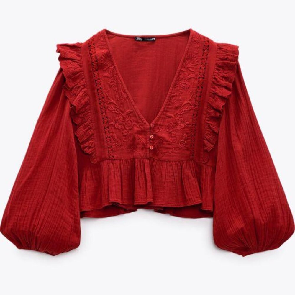 Zara Embroidered Red Top